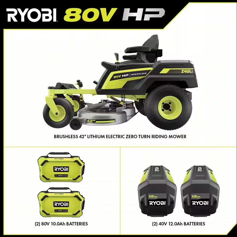 Powerful 80V Brushless 42-Inch Cordless Zero Turn Riding Mower with Dual 80V Batteries, Two 40V Batteries, and Charger!